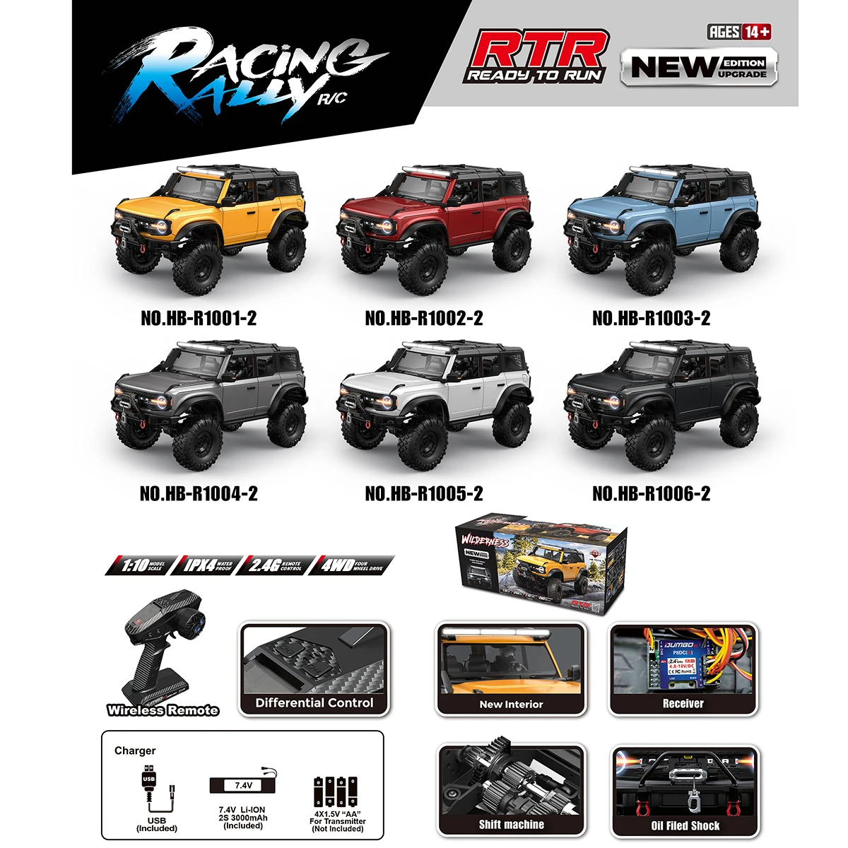 RC Crawler 1/10 Rc Car 4WD RTR HB R1001 with LED 2.4G Electric Remote Control Rock Buggy Off-road Vehicle Rc Cars for Adults