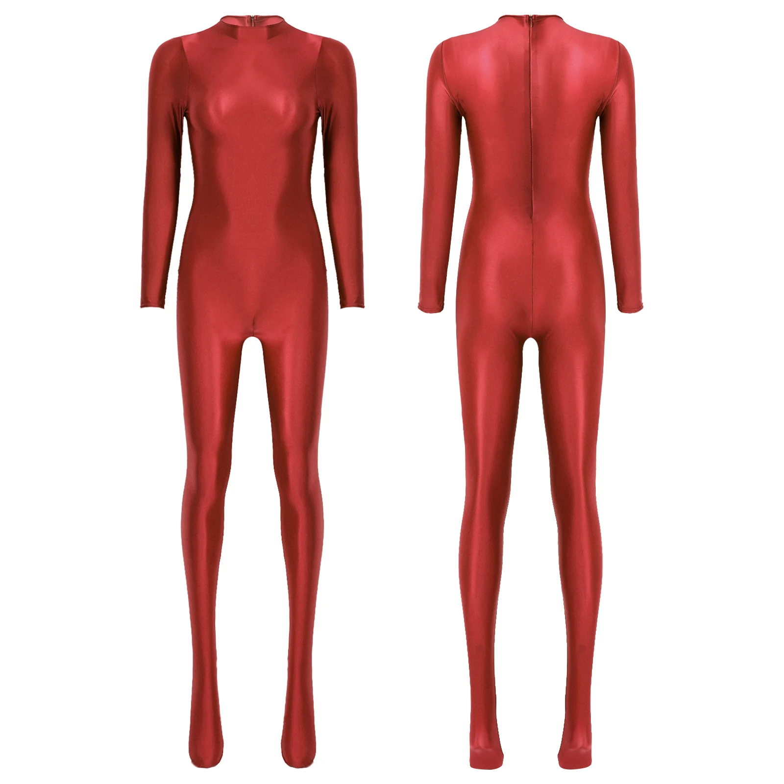 Womens Sexy Glossy Smooth Jumpsuit Long Sleeve Mock Neck Back Zipper Full Body Bodysuit Catsuit Pole Dancing Clubwear