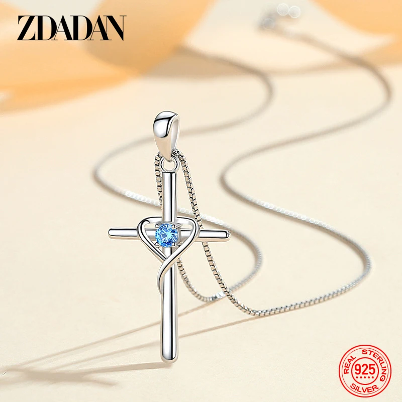 ZDADAN 925 Sterling Silver Cross Blue Zircon Pendant No Chain Necklace For Women Wedding Jewelry