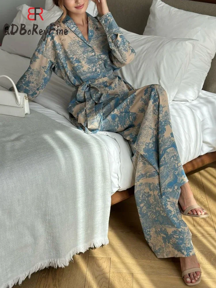 Casual Pants Sets 2 Pieces Cozy Printed Lace Up Long Sleeve Shirt Spring Outfit High Waist Wide Leg Pants Pajamas Suits Homewear