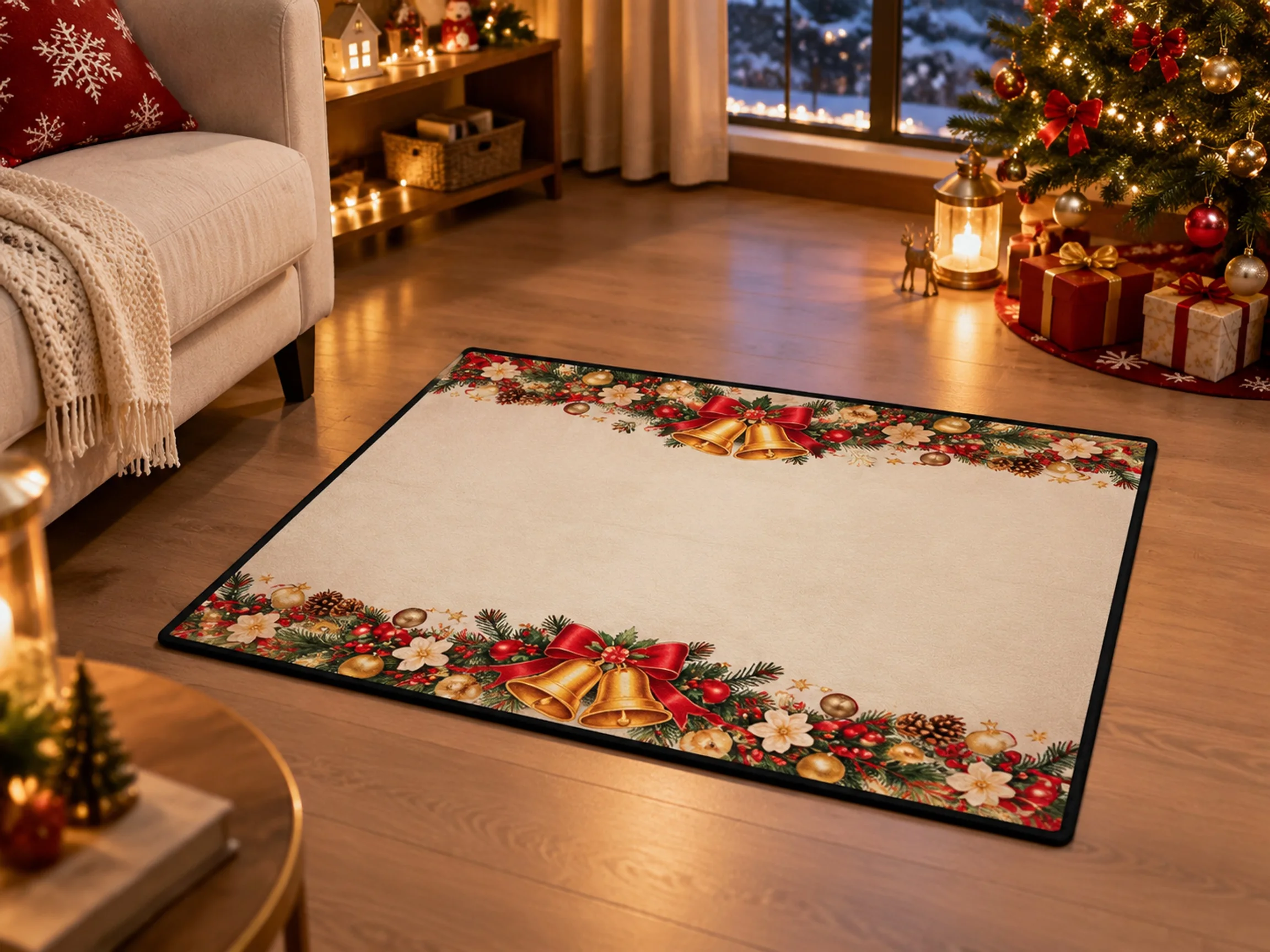 VIKAMA Christmas Rose Gold Bell Flannel Door Mat, Washable Quick Dry Xmas Mat, Xmas Decor for Laundry, Playroom, Dining Room
