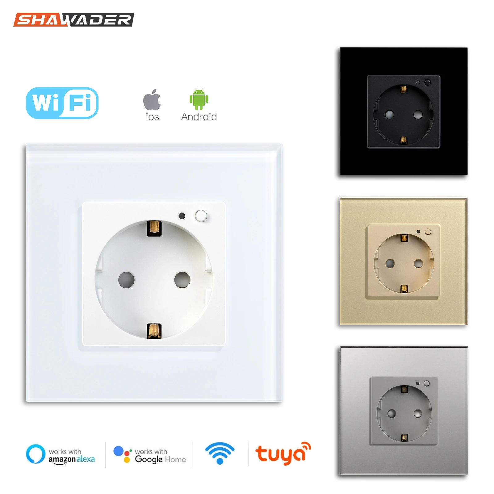 

Shawader Wifi Smart EU Wall Socket 16A Crystal Glass Electrical Plug Outlet Plate Panel Switch Remote by Tuya Alexa Google Home