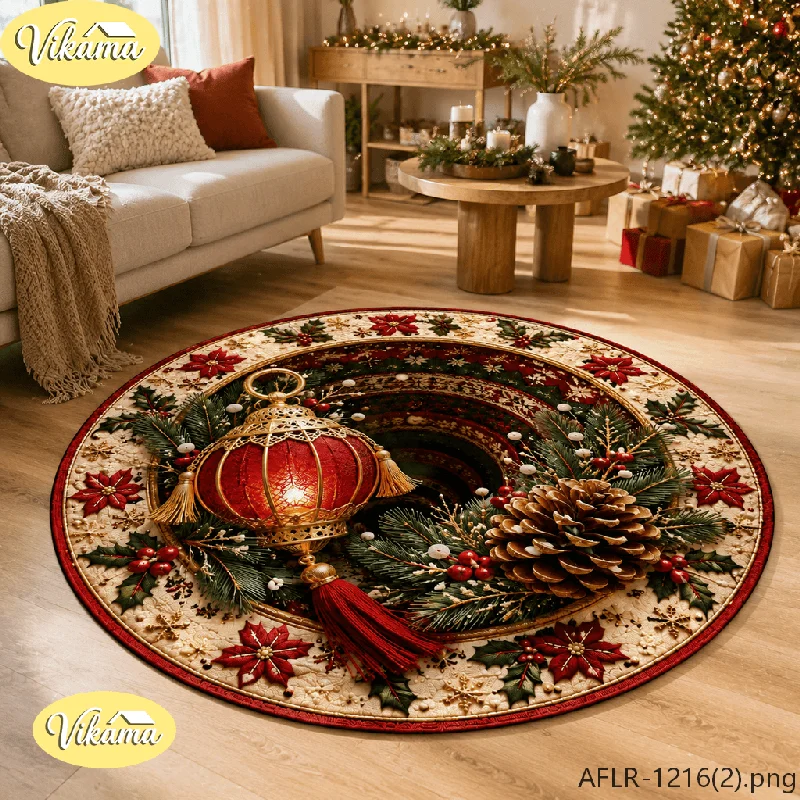 Snowman, Wreath & Snow Christmas Flannel Lantern Round Rug, Non-Slip Washable Xmas Mat for Living Room Bedroom Nursery Kids Room