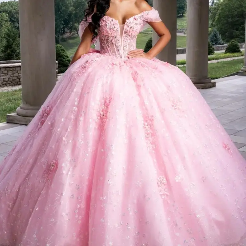 

Pink Shiny Quinceanera Dresses Off the Shoulder Sequin Applique Beads Tull Party Birthday Sweet 16 Dress Vestidos 15 Customized