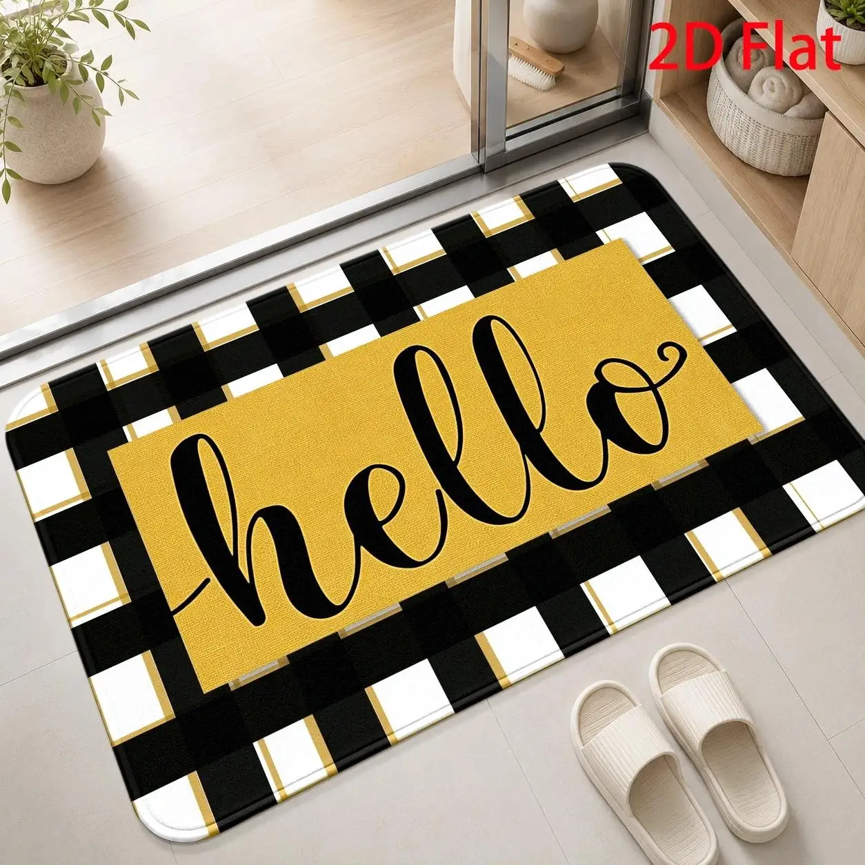 Black White Plaid Hello Handwritten Modern Simple Doormat For Living Room Contemporary Print Rug Floor Mat Minimalist Decor