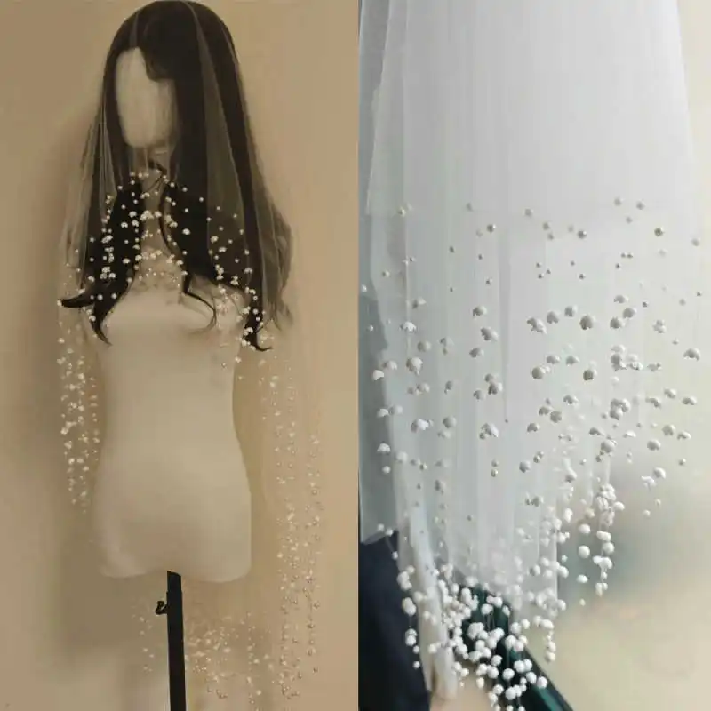 Luxury Bohemian Bridal Veil Flowing Pearl Tassel Fringe Lace Embroidery Scalloped Trim Cathedral Length Wedding Ceremony