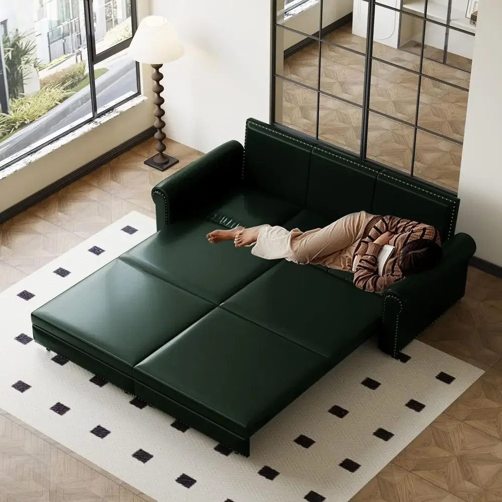 

Green 3-in-1 Convertible Sofa Bed with Leather Sleeper and Rivet Armrests for Small Spaces