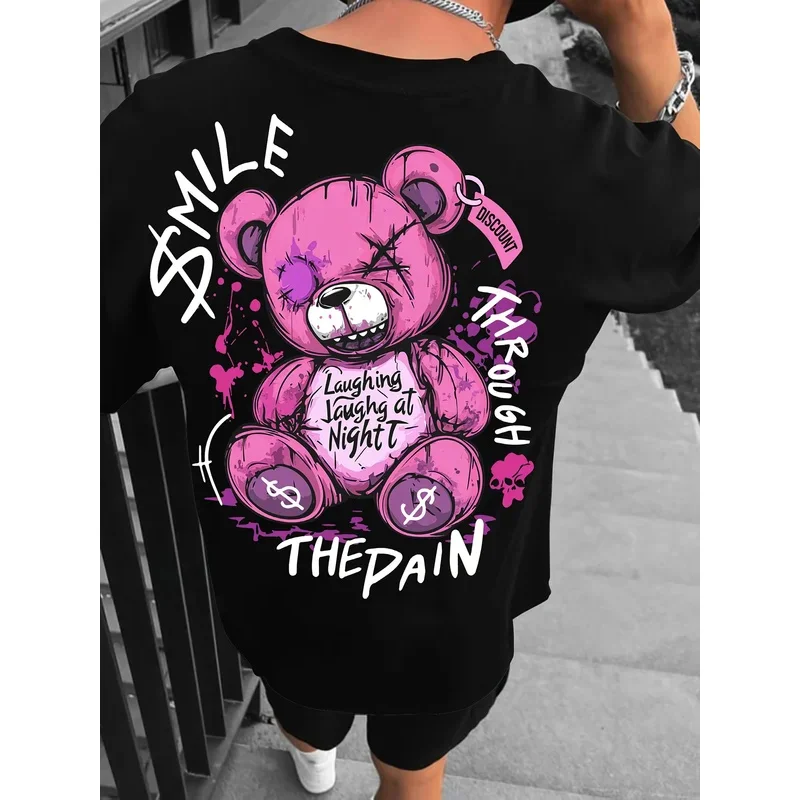 A new summer men's teddy bear letter printed breathable and comfortable neck T-shirt with outdoor high street top