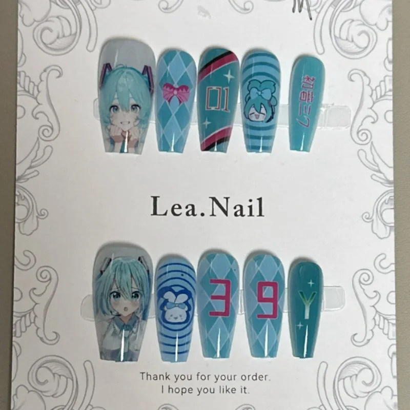 Hatsune Miku 2D Style Blue False Nails Cute Cartoon Anime Fans Y2k  Artificial Nail Art Manicure Press on Nail Tips 10pcs