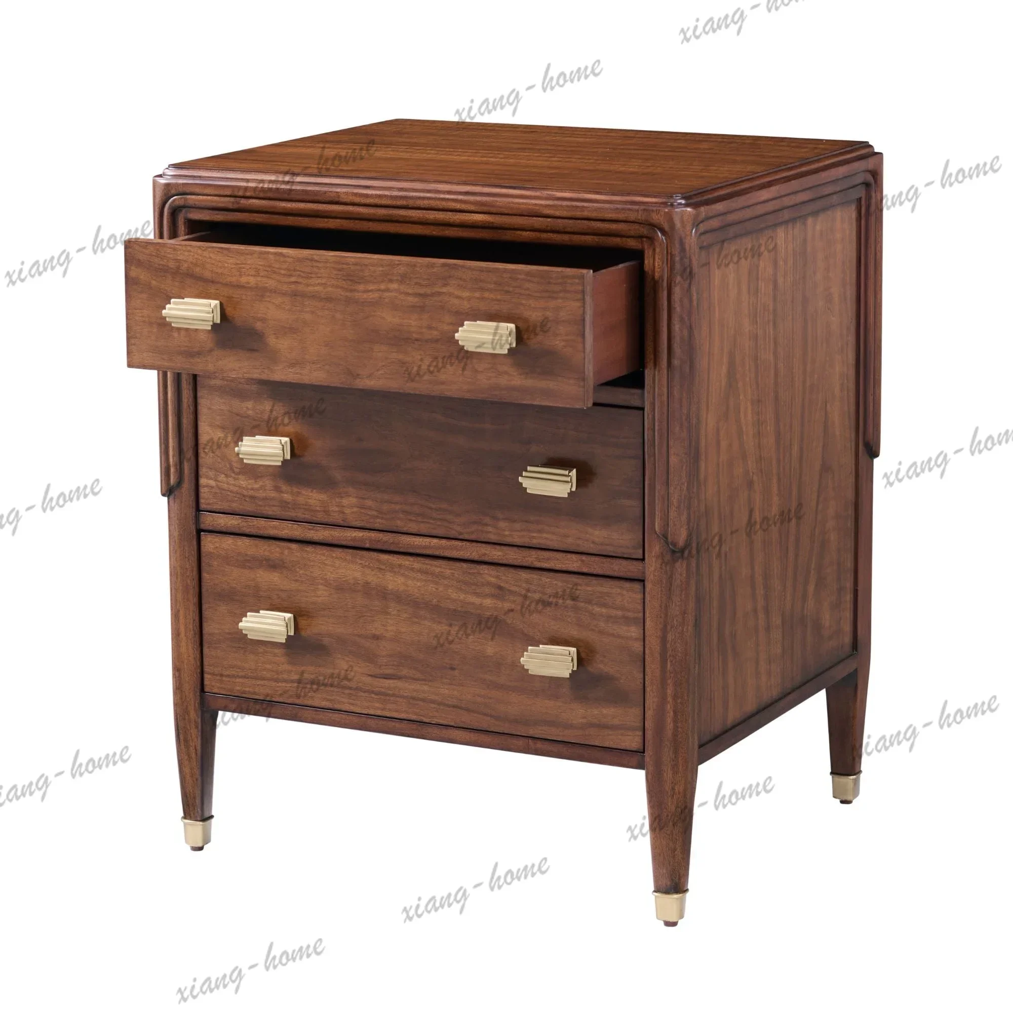 Factory Direct Luxury Solid Wood Nightstand With 3 Drawers Mid-Century Modern Bedside Table With Brass Accents