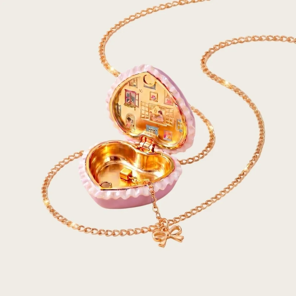 Interesting Opening Closing Phase Box Necklace Adjustable Chain Locket Heart-shaped Choker Playful Design Engraved