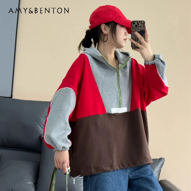 Spring Autumn New Women's Half-zip Hooded Embroidered Oversized Patchwork Pullover Sweatshirt Long-sleeves Zipper Hoodies Coat