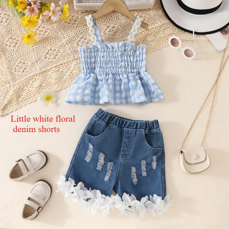 

2025 explosive 3-9Y girls suit summer new girls little girls pants halter vest top denim shorts 100-130cm