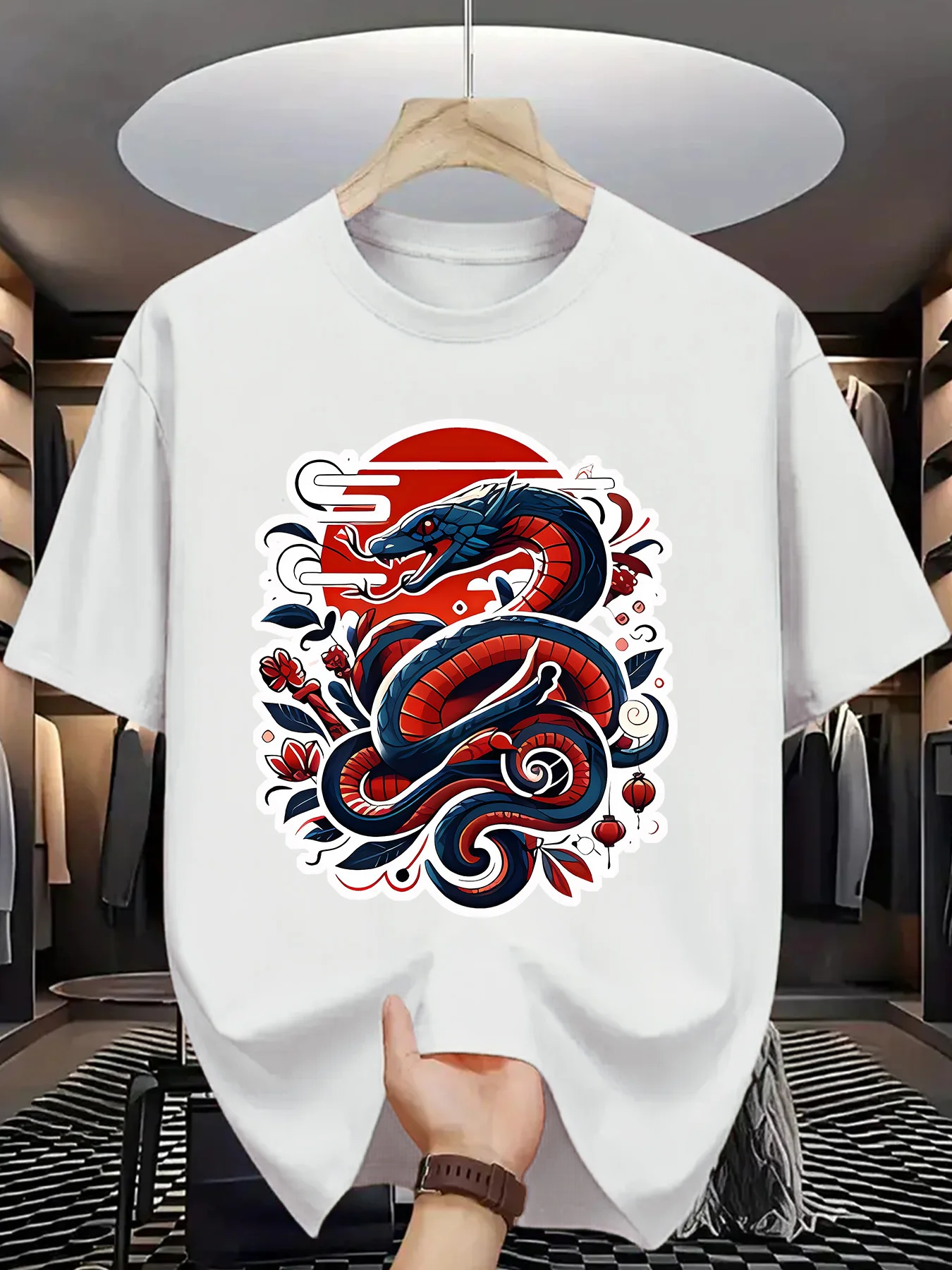 Men'S Asian-Inspired Dragon And Floral Print Graphic T-Shirt | Black With Red/Navy Accents - Breathable, Crew Neck, Short Sleeve