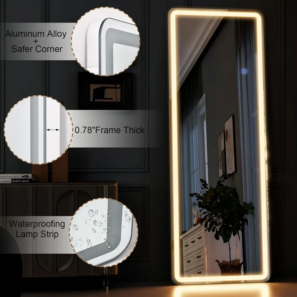 Miroir pleine longueur LED 64" x 21" avec lumières, mural ou sur pied pour chambre à coucher, salon, salle de bain