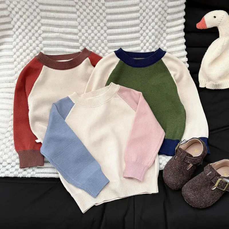 2026 Autumn New Children Sweater Girls Patchwork Long Sleeve Knitted Pullover Boys Cotton Casual Tops Kids Clothes
