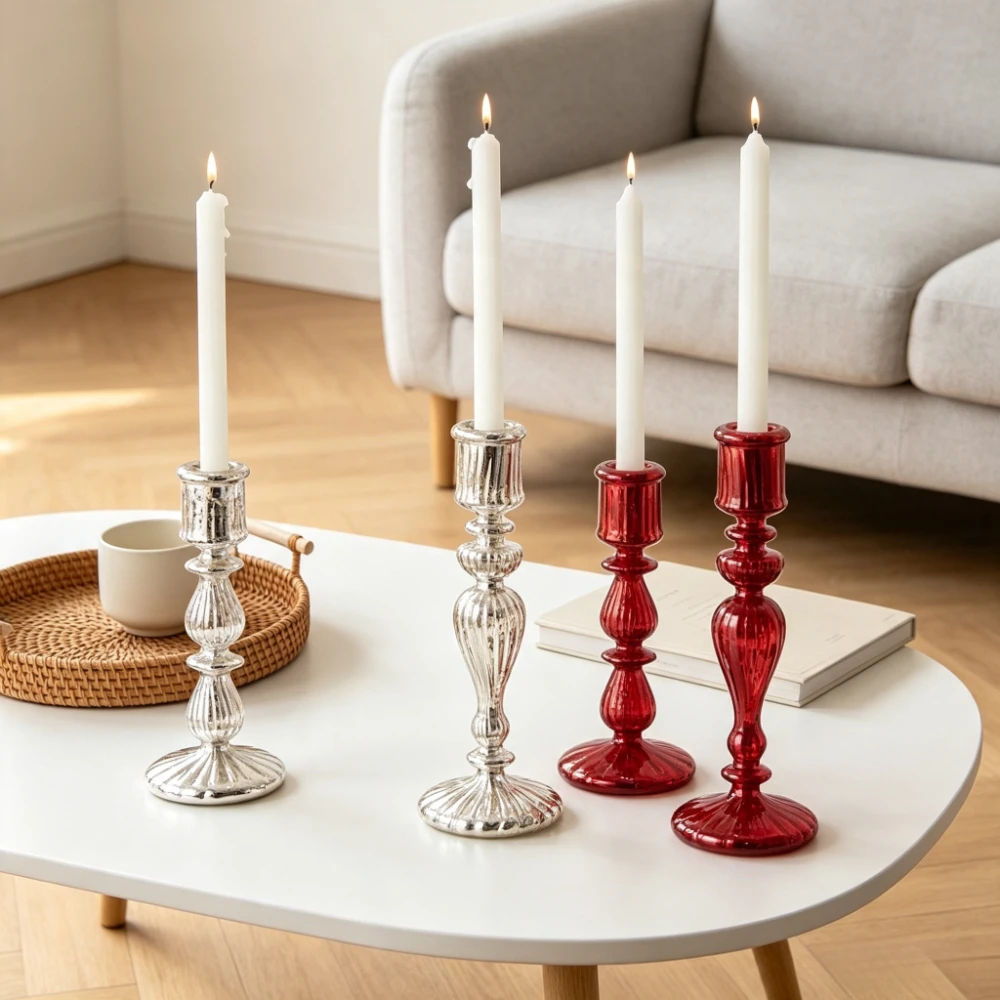French Vintage Mercury Glass Candlesticks Taper Candlestick Elegant Tabletop Decor Wedding Christmas Home Accessories