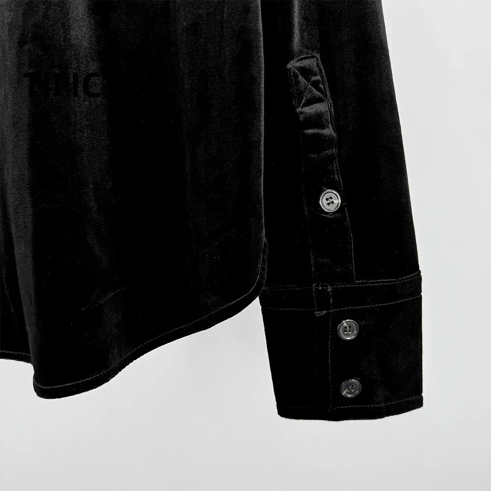 High End Luxury Women's Velvet Fabric Elegant Temperament Small Lapel Straight Tube Long Sleeved Shirt High Street Black