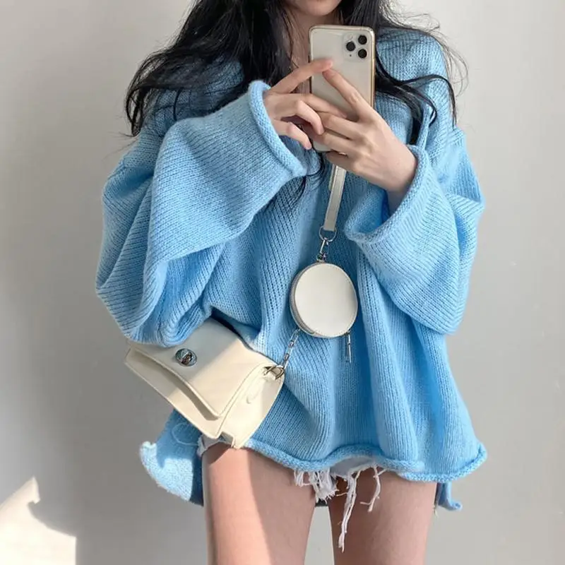 

Chic Korea Autumn New Retro Loose Tops Lazy Style V-neck Roll Edge Slit Fashion Knit Pullover Age Reduction White Sweater Woman