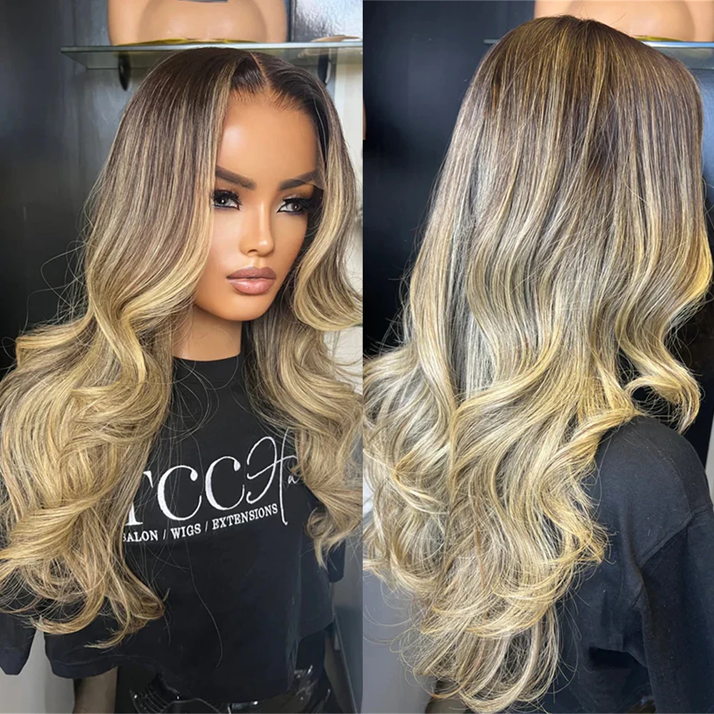 

Wear And Go Glueless Wigs 28 Inch Long Wavy Synthetic Wig Mixed Brown Blonde Colored Lace Front Wigs for Women Highlight Wig