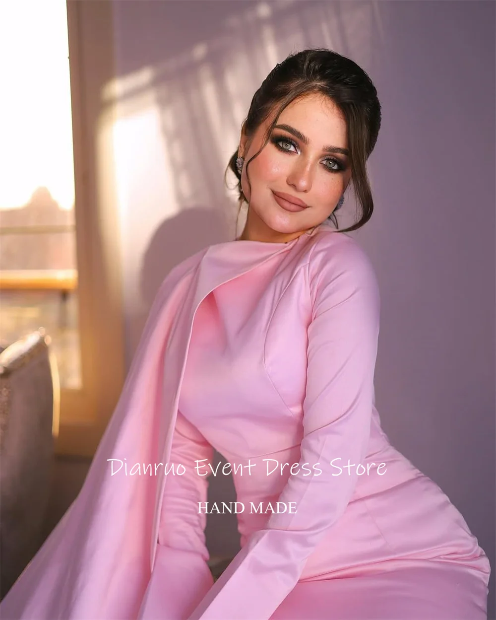 Dianruo Gaun Malam Putri Duyung Satin Merah Muda Terbungkus Bunga 3D Jubah De Soirée Asimetris Indah Vestido De Fiesta Disesuaikan