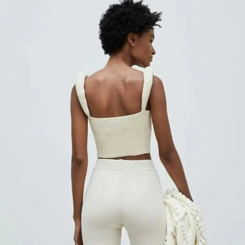 섹시한 백리스 니트 베스트 탑 여성 패션 출퇴근 스타일 짧은 길이 스웨터 커버업 단색 봄 시즌