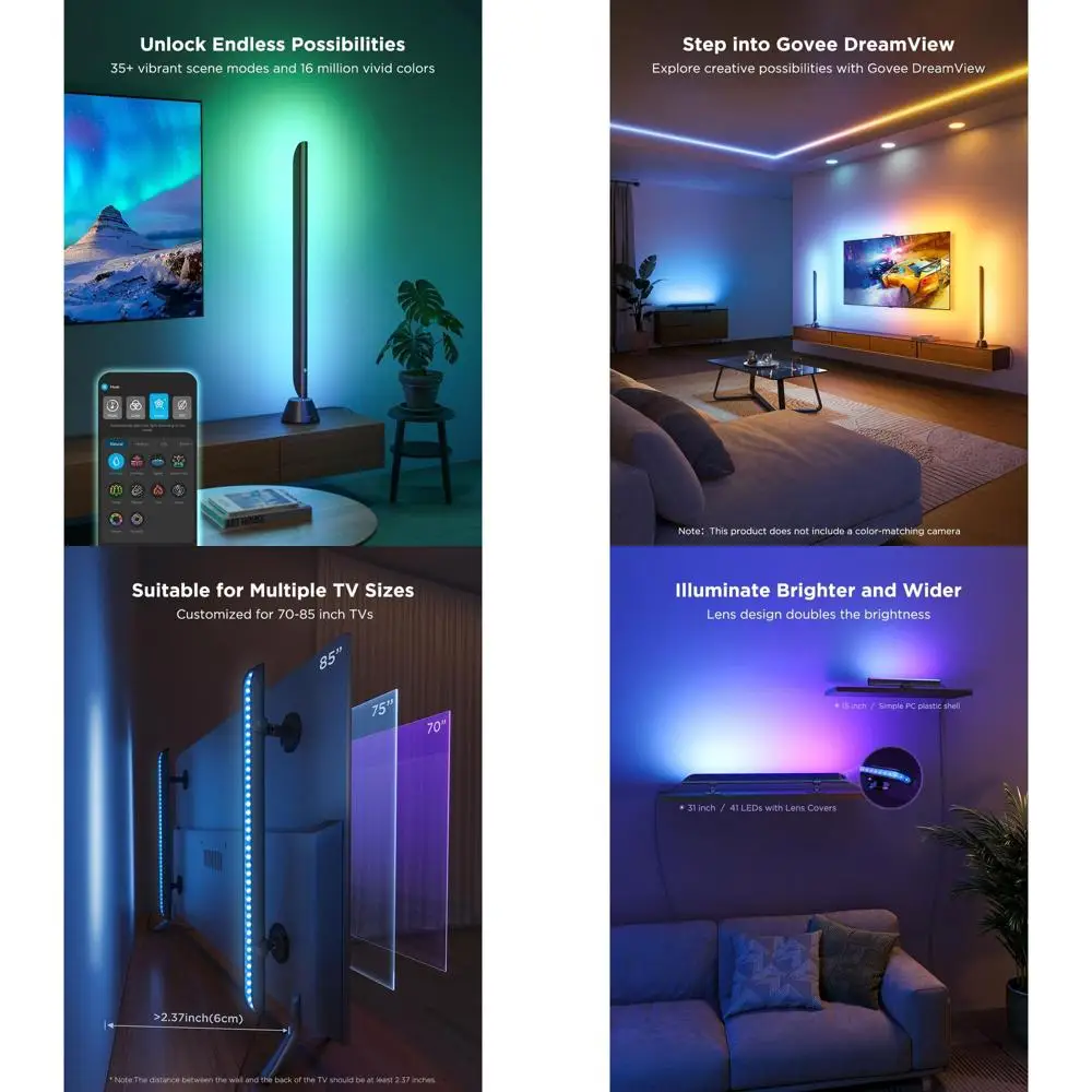 

31-дюймовые светодиодные панели RGB+W с синхронизацией сцен и музыкальными режимами, идеально подходят для телевизоров 70-85 дюймов, совместимы с Alexa, Google Assistant.