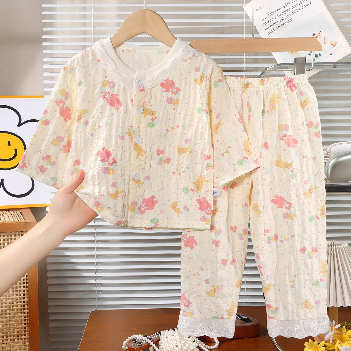 Girls Spring Summer Thin Pajamas Homewear Cute Cartoon Floral Print Lace Trimmed Sleepwear Baby Casual Clothing Set