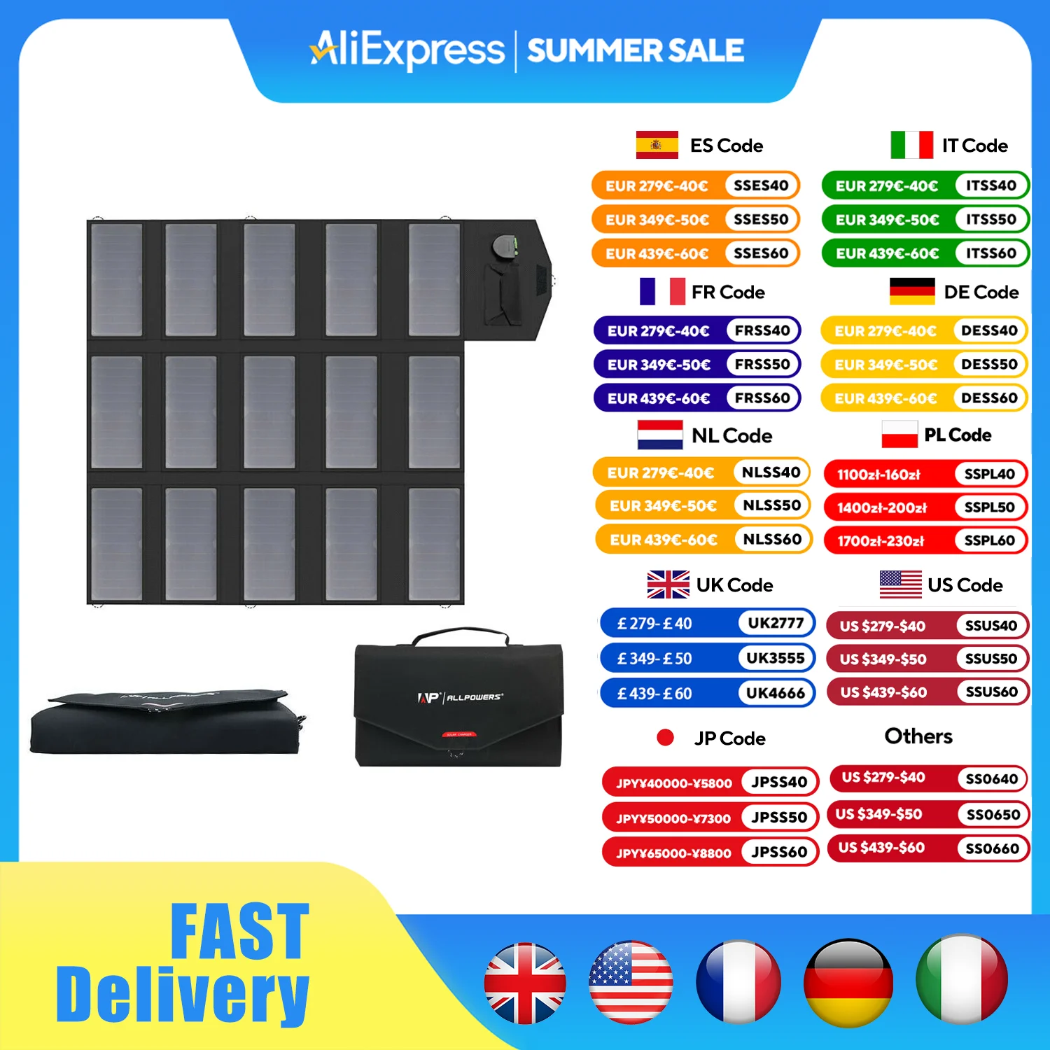 

ALLPOWERS 100W Foldable Solar Panel, Portable Solar Charger (Dual 5v USB with HighTechnology+18v DC Output) for Outdoor, Camping