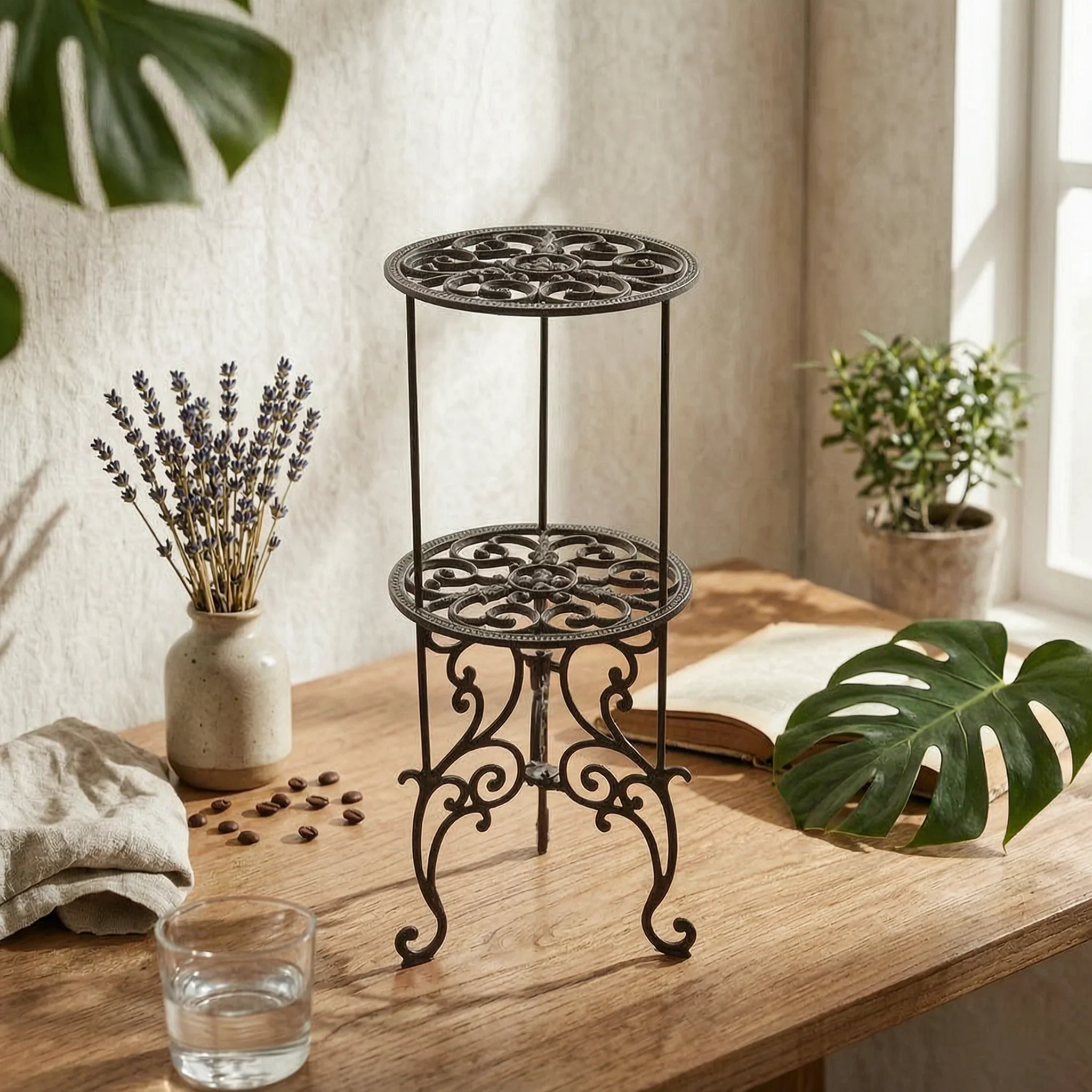 Wrought Iron Plant Stand Freestanding Flower Pot Pedestal Furniture Compact for Patio, Balcony