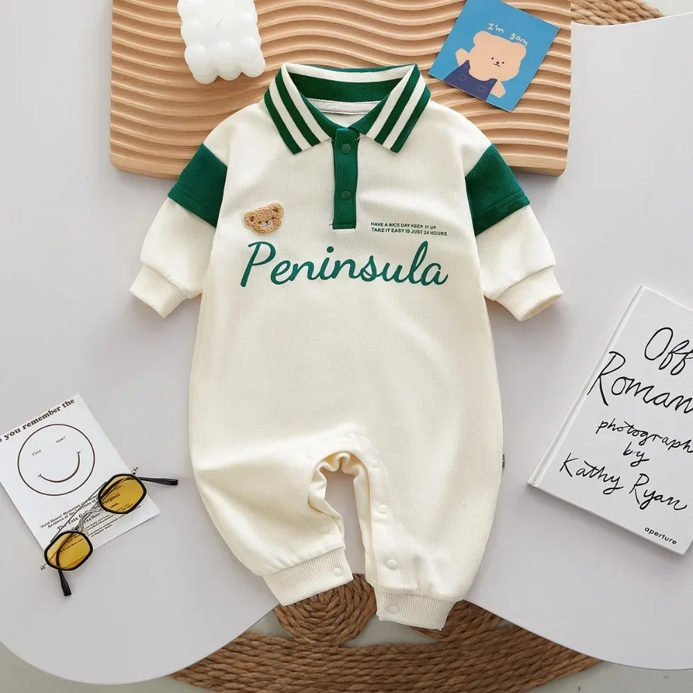 

2023 Autumn New in: Full Sleeve Infant Kids Boys Bear Letter Striped One-Piece Jumpsuits - Toddler Baby Romper Newborns 0-24M