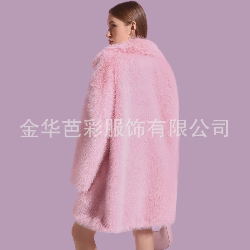 Women Faux Fox Fur Coat V-neck Pink Mid-length Fashion Loose Warm Faux Fur Temperament Skinny Comfortable Winter Clothes Women