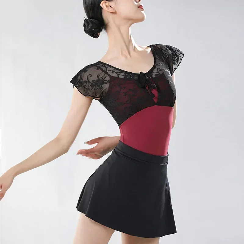 발레리나 발레 레오타드 블랙 레이스 댄스 바디수트 성인 체조 레오타드 페이크 투피스 체조 레오타드