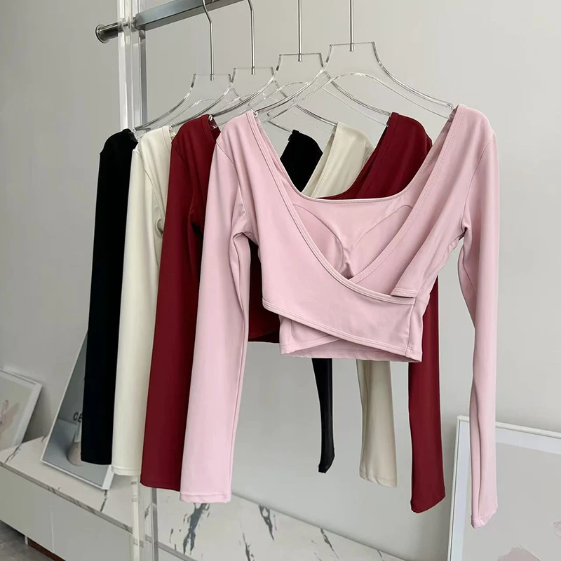 Autumn Slimming Long Sleeved Yoga Top Crossed Back with Fixed Chest Pads for Sports Running Fitness Tight Fitting Shirt