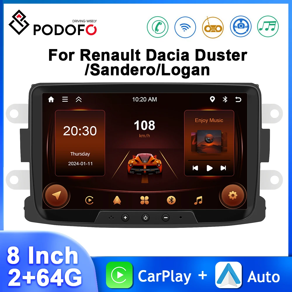 Podofo 8'' Android Car Stereo For Renault Dacia Sandero Duster Multimedia Player Carplay Android Auto GPS Navigation Car Audio