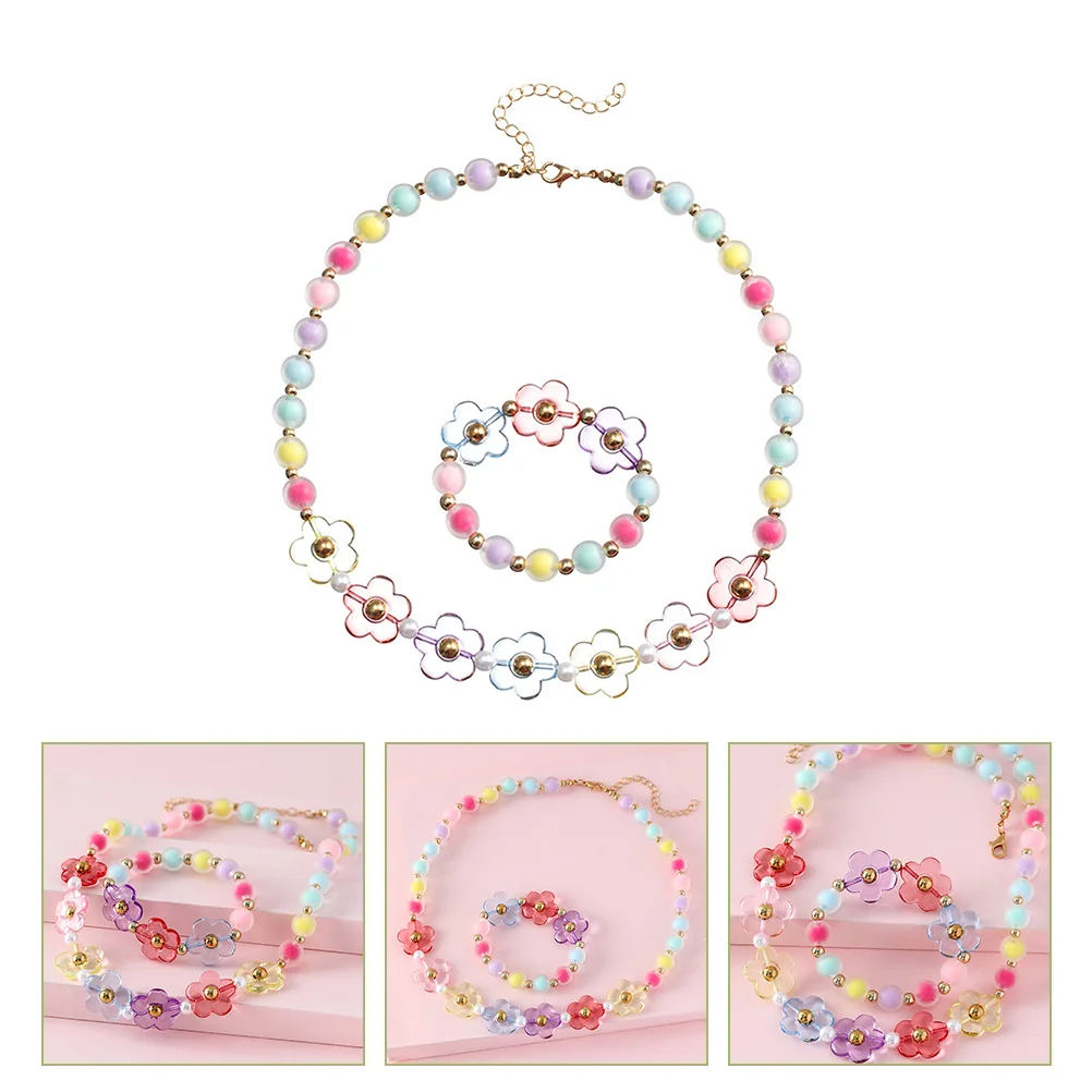 Colar e pulseira infantil com contas, Pulseira de pérolas, colares de flores acrílicas, meninas