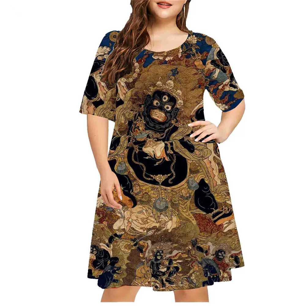 Mulheres com pintura 3D Horror Padrão Vestido, Vestidos de manga curta, solto, Pintura, Linha A, Plus Size, Streetwear Casual, 2024