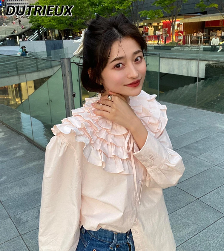 

Japanese Collar Detachable Frill Lace-up Collar Row Buttons Long Sleeve Cotton Shirt Solid Color Sweet Bottoming Blouse