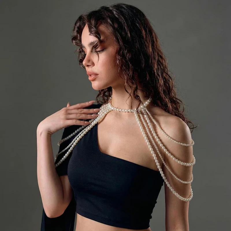 Mehrlagige Perlen-Körperkette mit Neckholder, rückenfreiem Schulterketten-Top, sexy Körperschmuck für Damen, Party, Clubwear, Strand, Hochzeit – Detail 6
