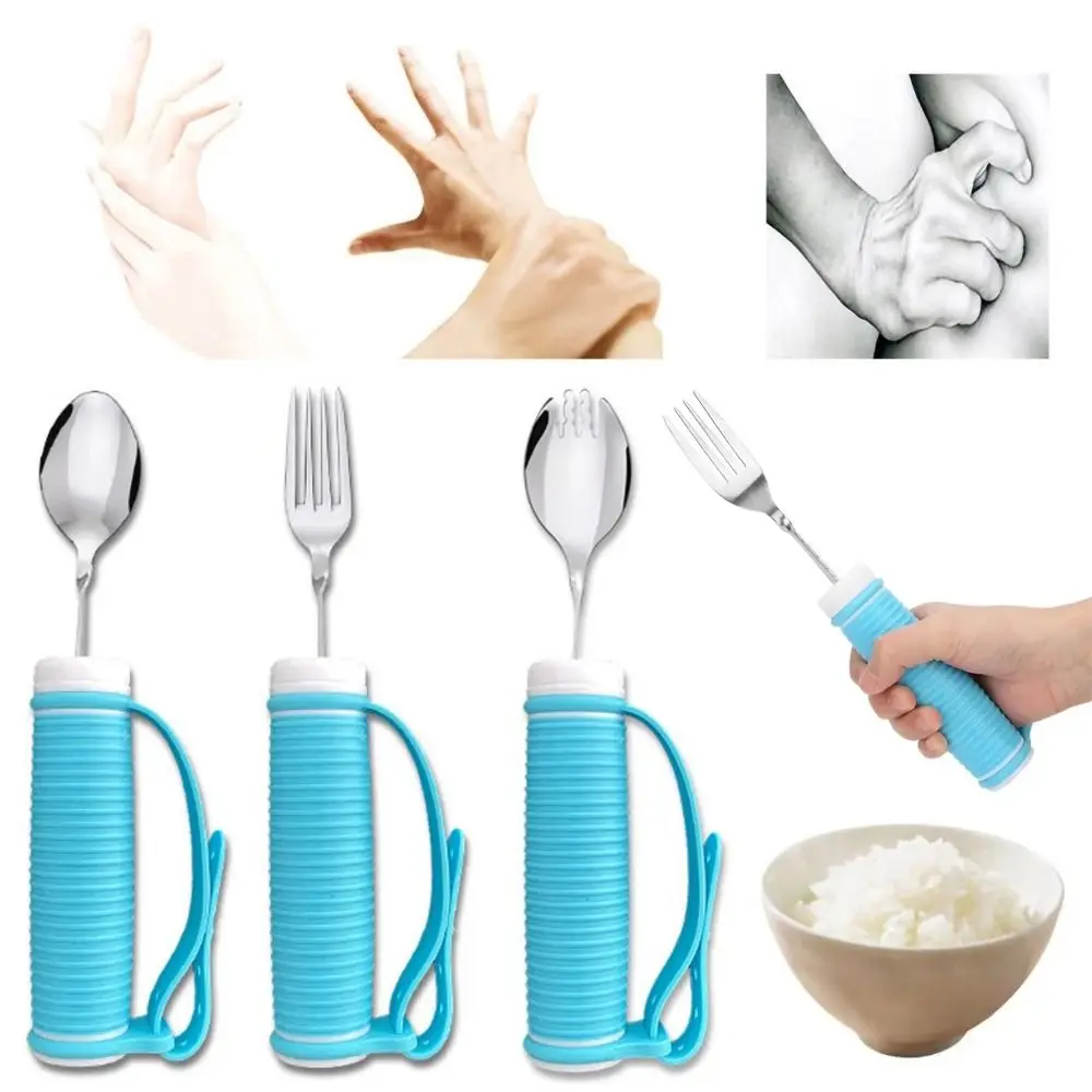 Anti-Shake Elderly Auxiliary Tableware Ergonomic Safe Feeding Stainl Steel Fork and Spoon Angle Adjustable Lightweight