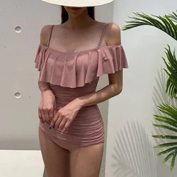 Women's One Piece Ruffle Swimwear Summer Beach Bathing Suit Solid Monokini Tummy Control Swimsuit Padded Beachwear Korean Style