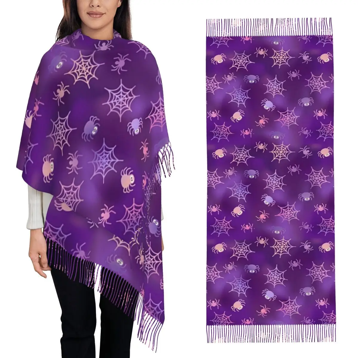 Halloween Black Cat Spider Gothic Witch Scarf Tassel Scarves Women Soft Warm Shawls and Wraps Long Fall Winter Shawl Wrap
