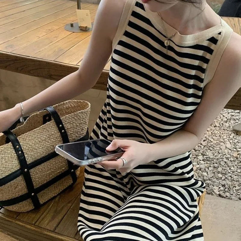 

Summer 2024 Knitted Stripe Dress Women's Mid-Length Slimming Vest Skirt Split Sleeveless Street Style plus Size Long Dress