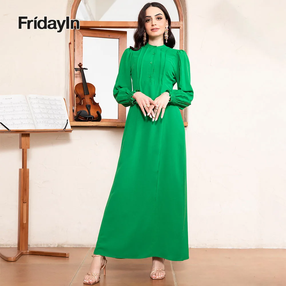 

Fridayin Elegant style Simplicity Solid Color Round Neck Buttons Lantern Sleeve Slim Fit Long Dresses for Women 2023