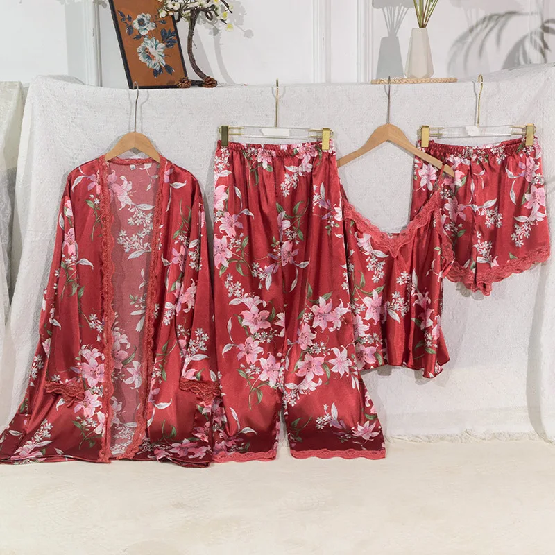 

Large Size Women Pajamas 4PCS Set Silky Home Clothes Pijamas Suit Floral Print Kimono Bath Robe Gown Loose Sleepwear Loungwear