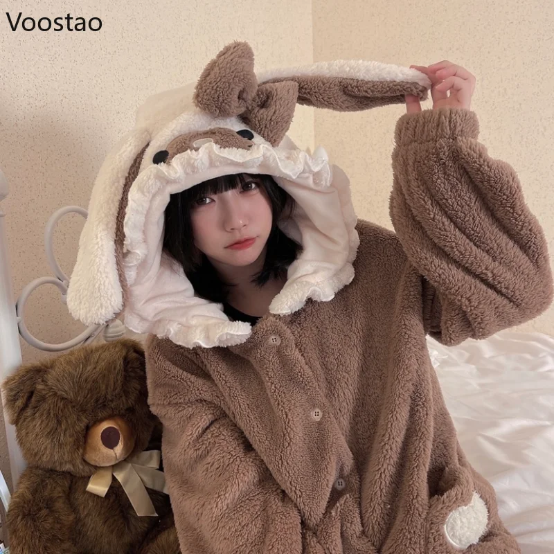 Autumn Winter Women Kawaii Doggy Coral Fleece Hooded Pajamas Sets Cute Plush Warm Sleepwear Girls Sweet Homewear 2 Pieces Set