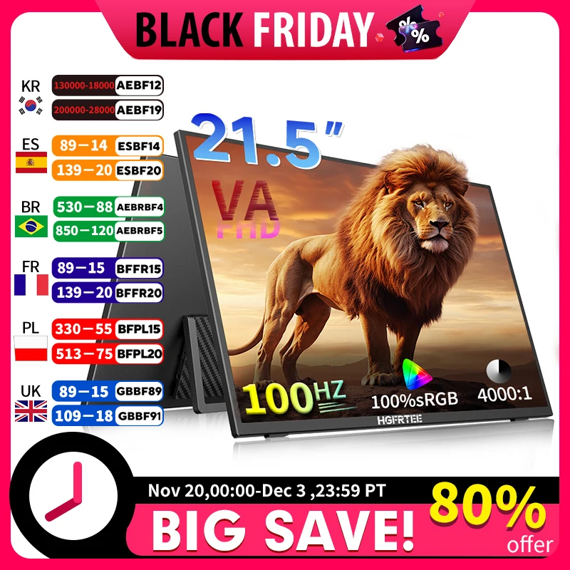 

HGFRTEE 21,5-дюймовый портативный игровой монитор Full HD 1080P 100 Гц 4000:1 Контрастный игровой экран для ПК для XBox PS4/5 Switch VA Panel