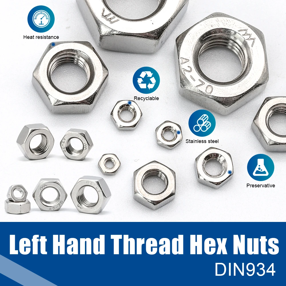 NINDEJIN 1-55pcs Metric Left Hand Threaded Hex Nuts M4 M5 M6 M8 M10 M12 M14 M16 M18 M20 M24 Stainless Steel Allen Nuts DIN934