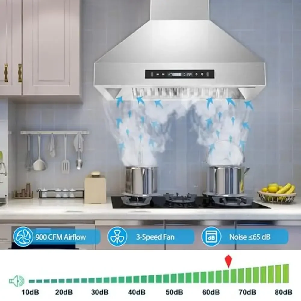 غطاء مطبخ مثبت على الحائط مقاس 30 بوصة 900 CFM مجاري/بدون مجاري قابلة للتحويل مستشعر الإيماءات التحكم باللمس استشعار الإيماءات من الفولاذ المقاوم للصدأ