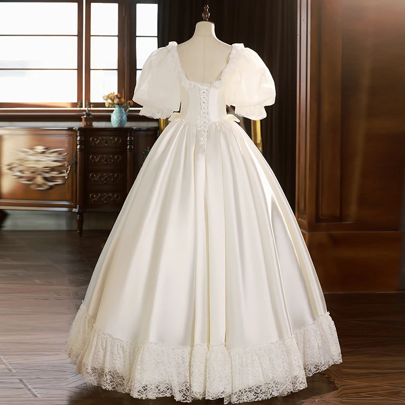 AnXin SH french retro princess white satin sweetheart flower lace short puff sleeve beading bow ball gown bride evening dress